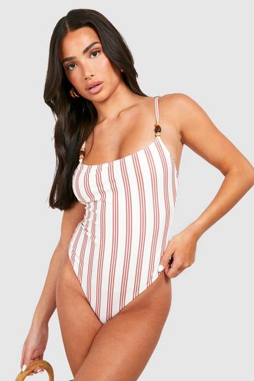 Petite Stripe Print Strap Detail Swimsuit ecru