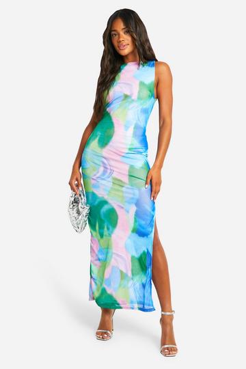 Floral Mesh Printed Cowl Back Maxi Dress pink