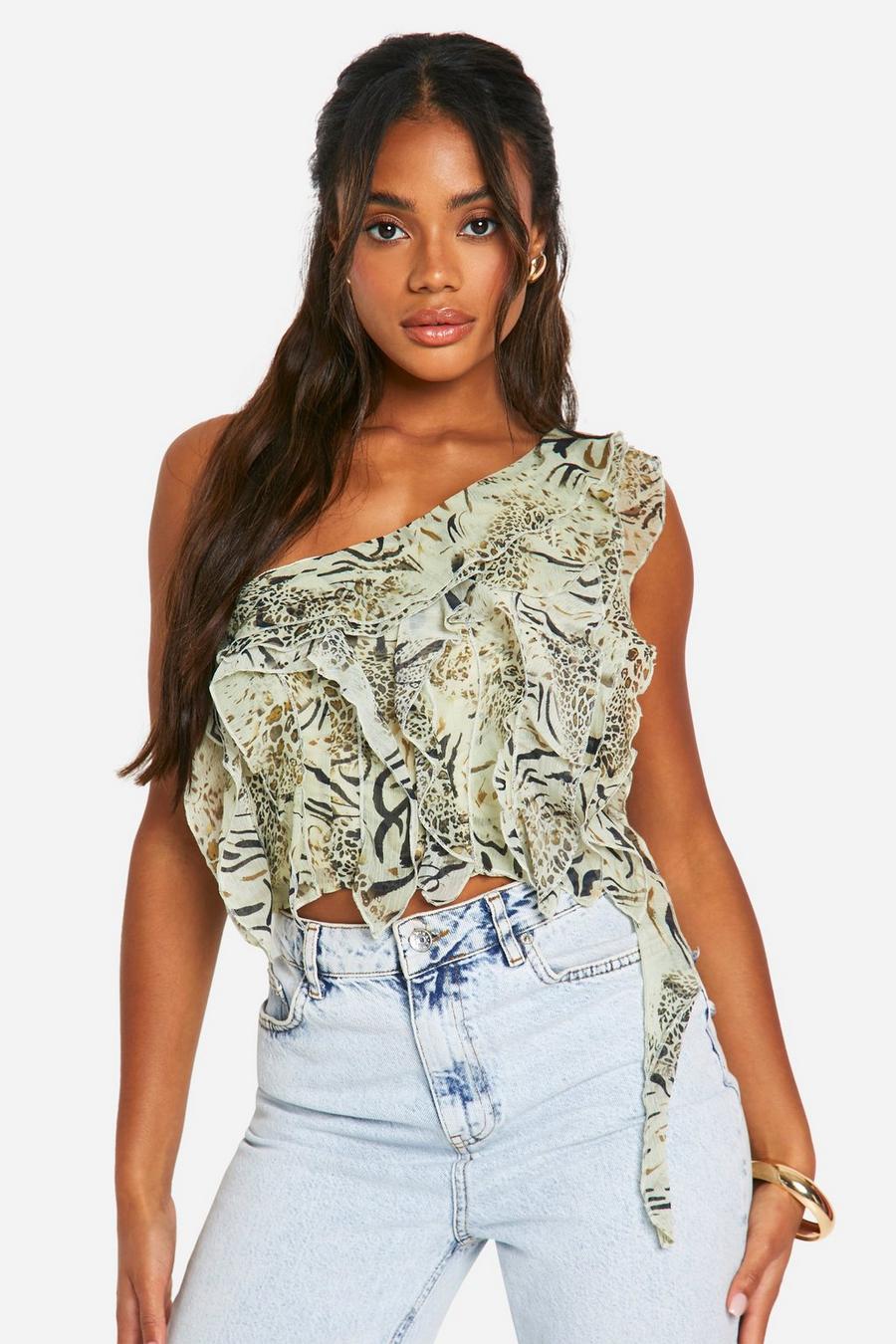 Stone Mixed Animal One Shoulder Ruffle Top