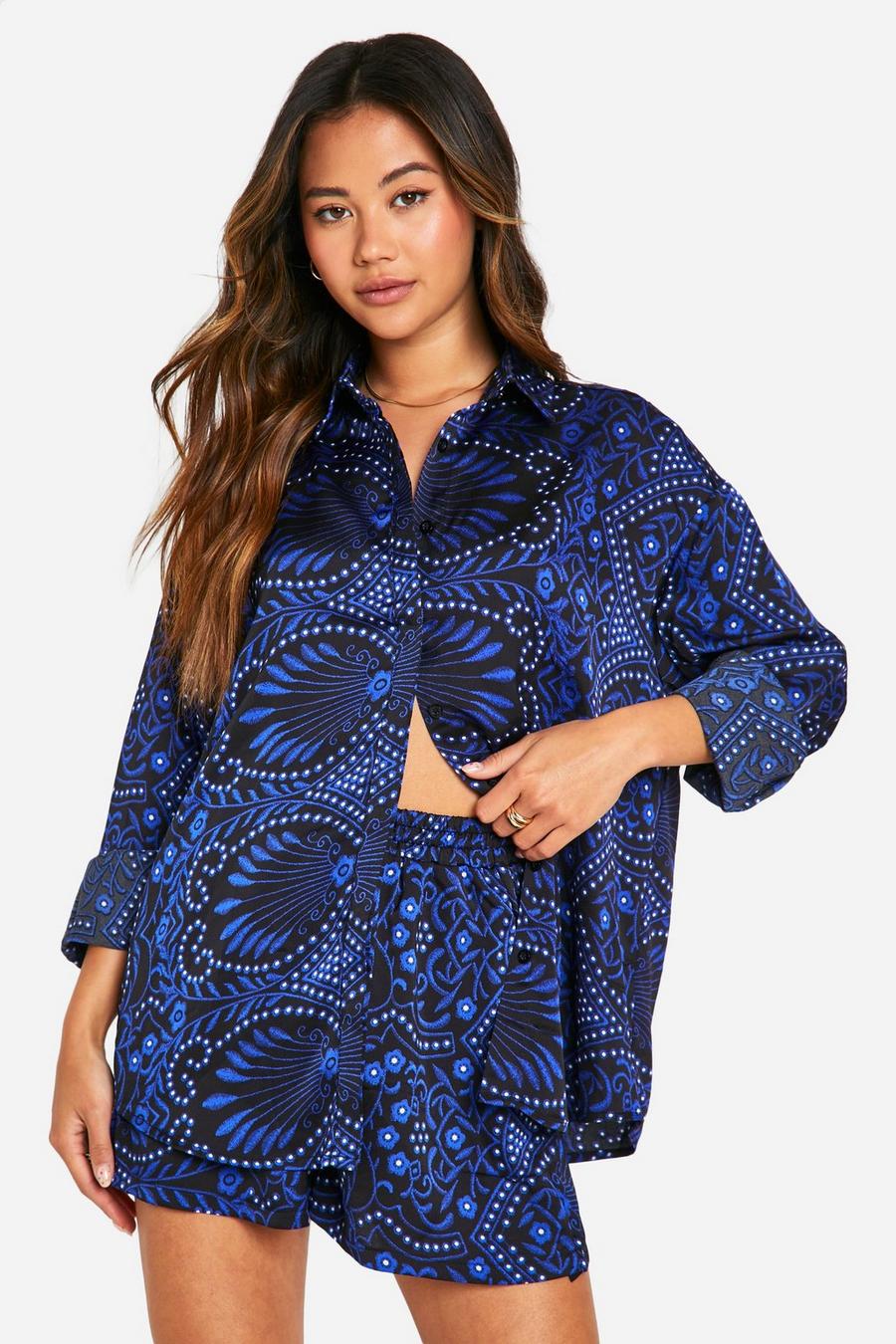 Blue Paisley Oversized Satin Shirt image number 1