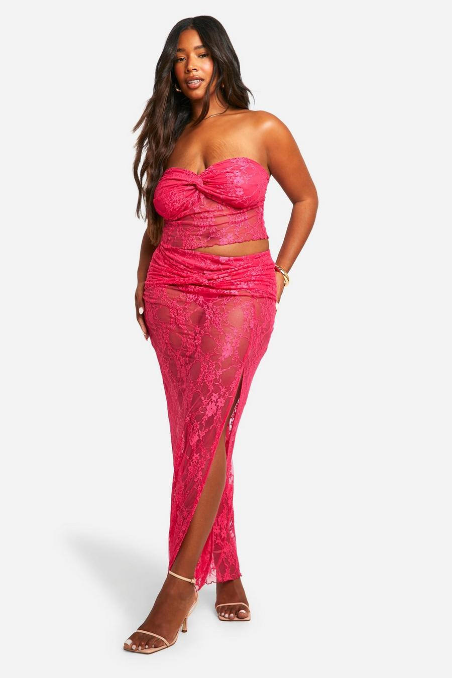 Hot pink Plus Lace Ruched Tube Top & Knot Detail Maxi Skirt Two-Piece image number 1