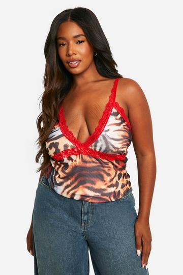 Plus Mesh Leopard Print Lace Trim Cami Top brown