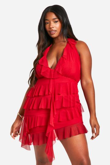 Red Plus Mesh Ruffle Detail Plunge Mini Dress