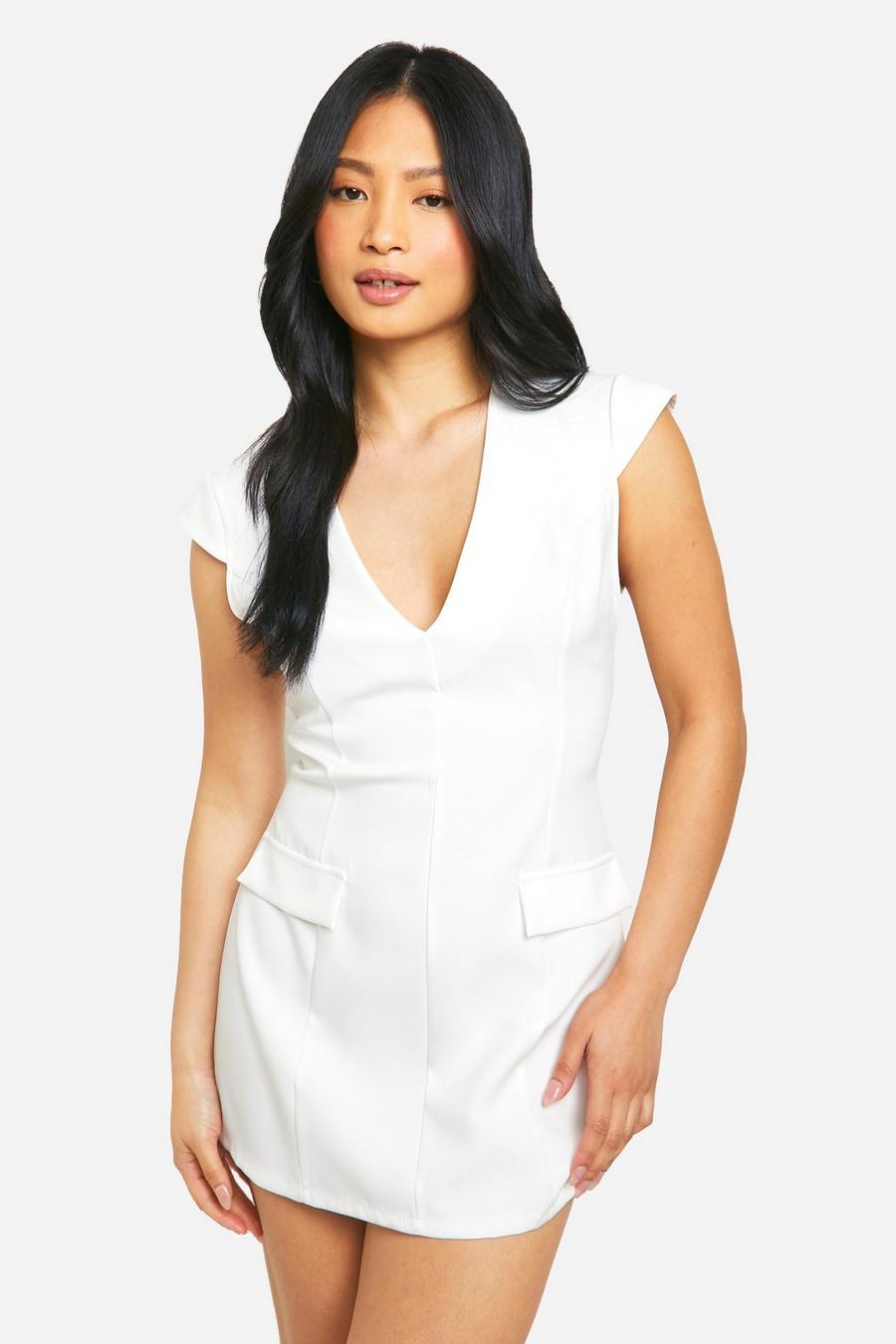 Ivory Petite Tailored Plunge Cap Sleeve Mini Dress image number 1