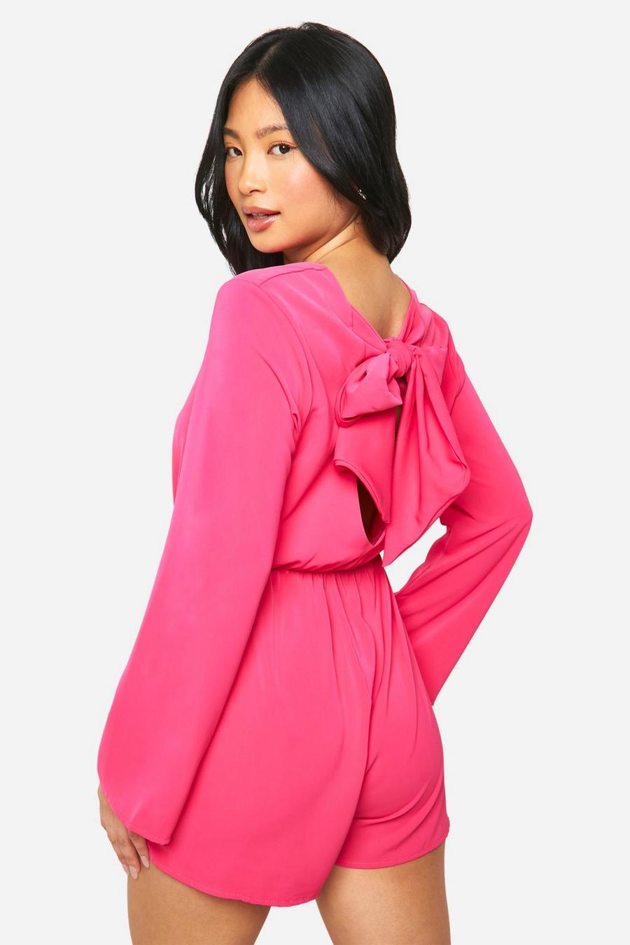 Petite Bow Detail Open Back Playsuit, Hot pink