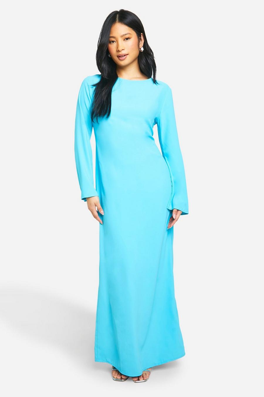 Pale blue Petite Långklänning med öppen rygg och rosett image number 1