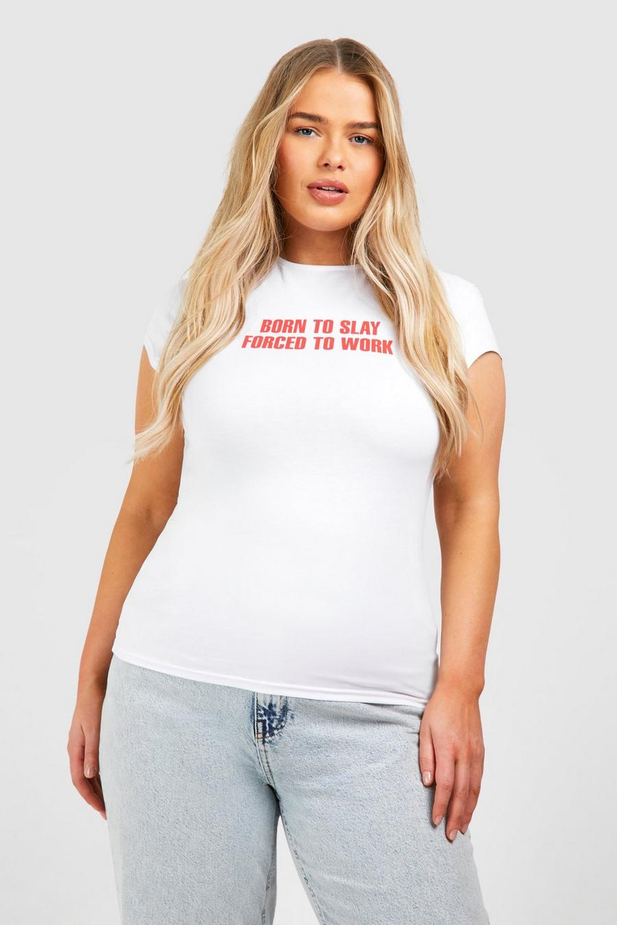 Grande taille - T-shirt court à slogan Born To Slay, White image number 1