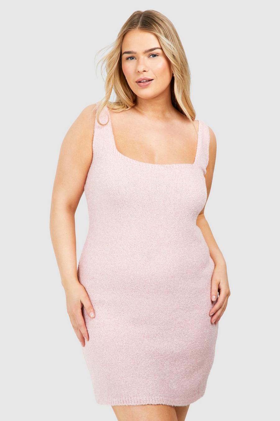 Baby pink Plus Square Neck Knitted Mini Dress 