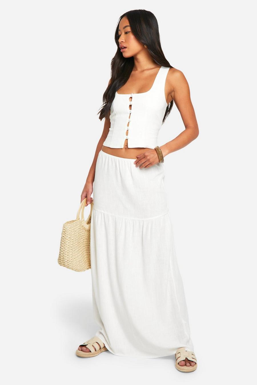 White Tiered Linen Look Maxi Skirt image number 1