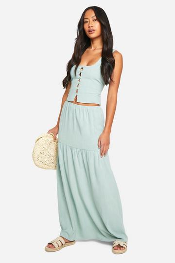 Sage Green Tiered Linen Look Maxi Skirt