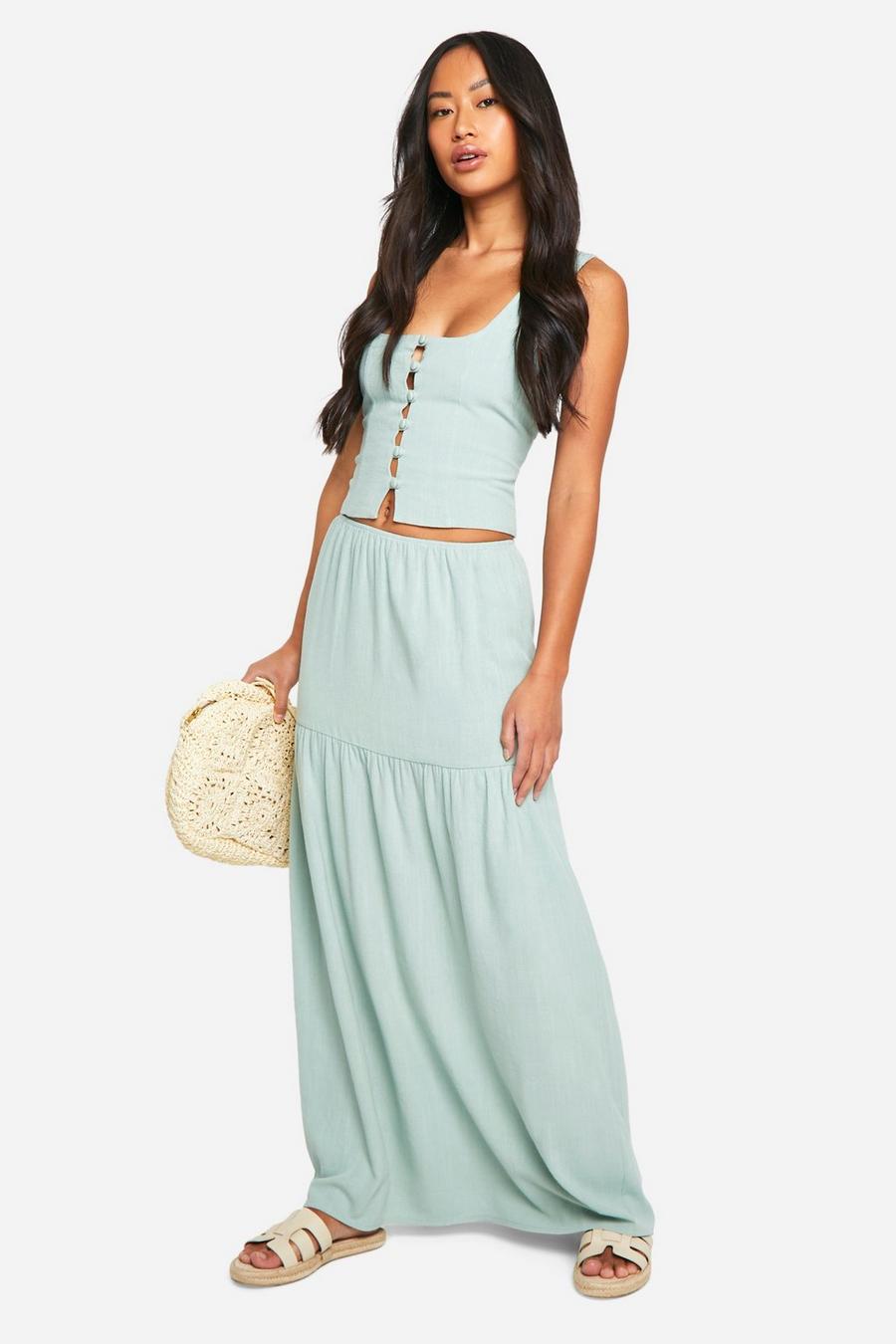 Sage Tiered Linen Look Maxi Skirt  image number 1