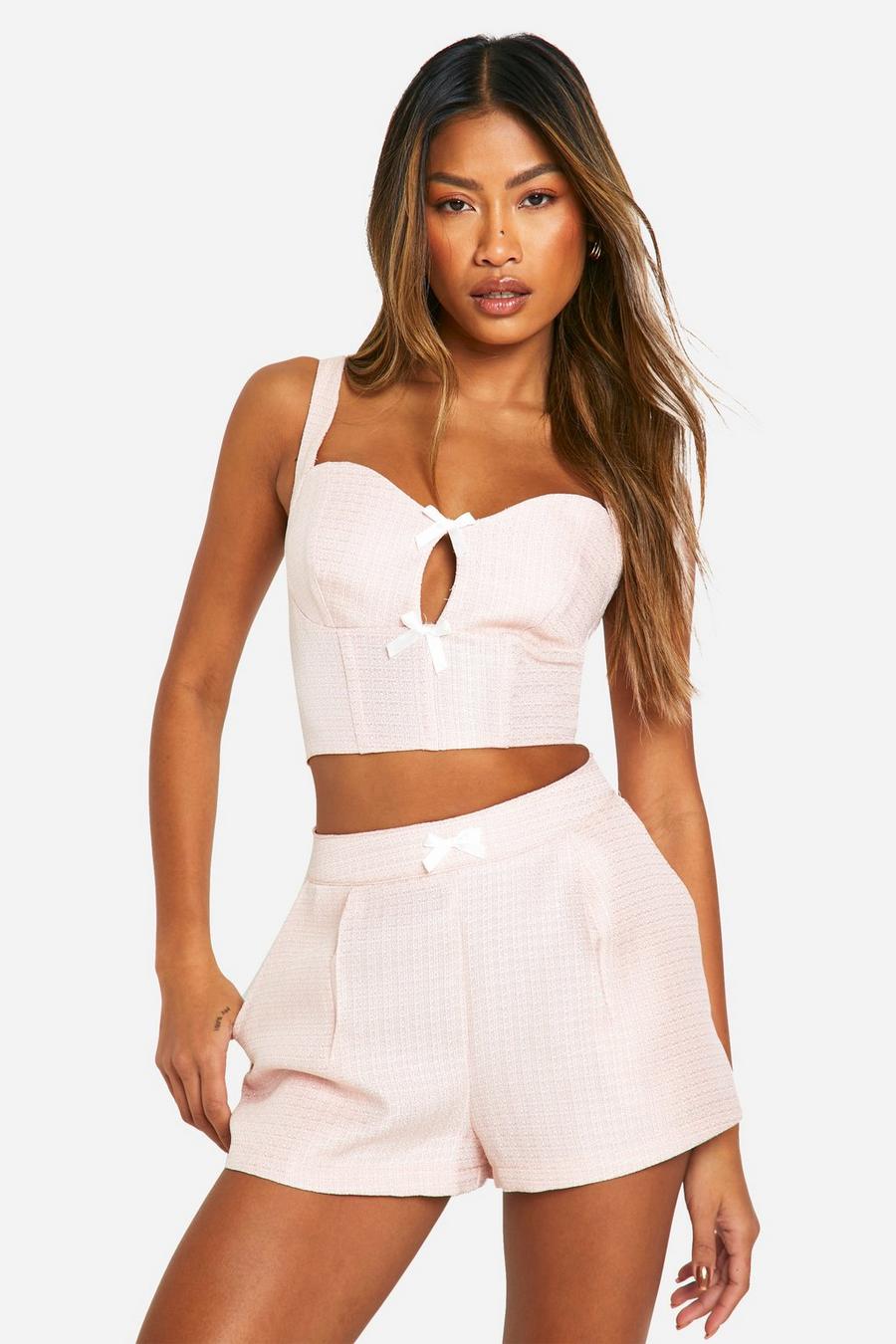 Pink Boucle Bow Strappy Crop Top