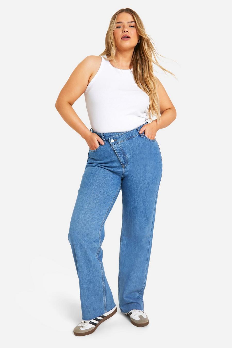 Light wash Plus Jeans Met Asymmetrische Taille En Rechte Pijpen