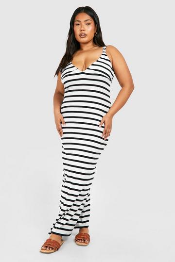 Plus V Neck Plunge Stripe Maxi Dress black