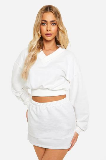 V Neck Crop Sweatshirt And Skirt Set ecru