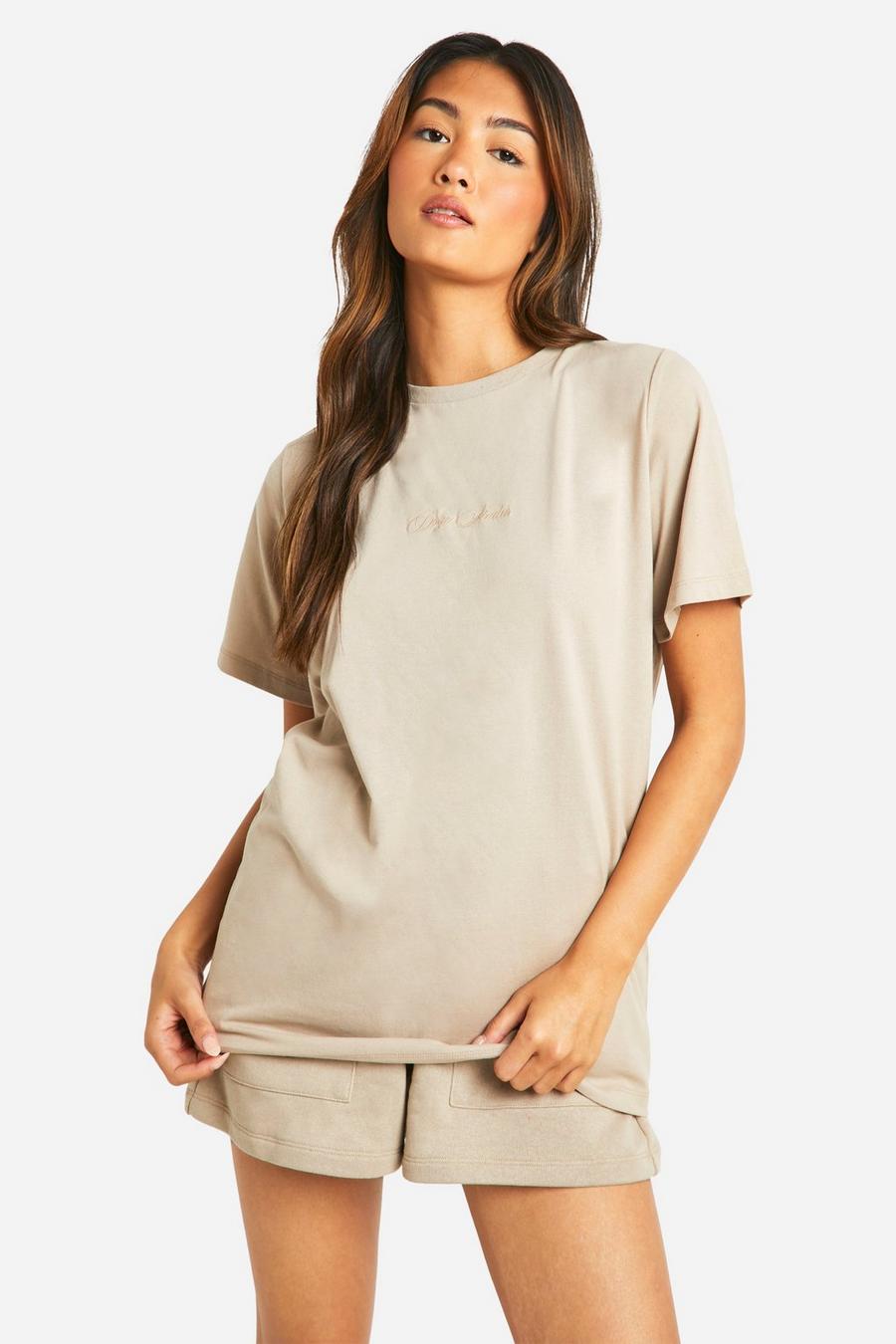 Taupe Dsgn Studio Embroidered Oversized T-shirt and Short Set image number 1