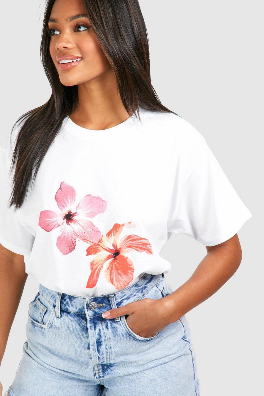 White Oversize t-shirt i bomull med blommor image number 1