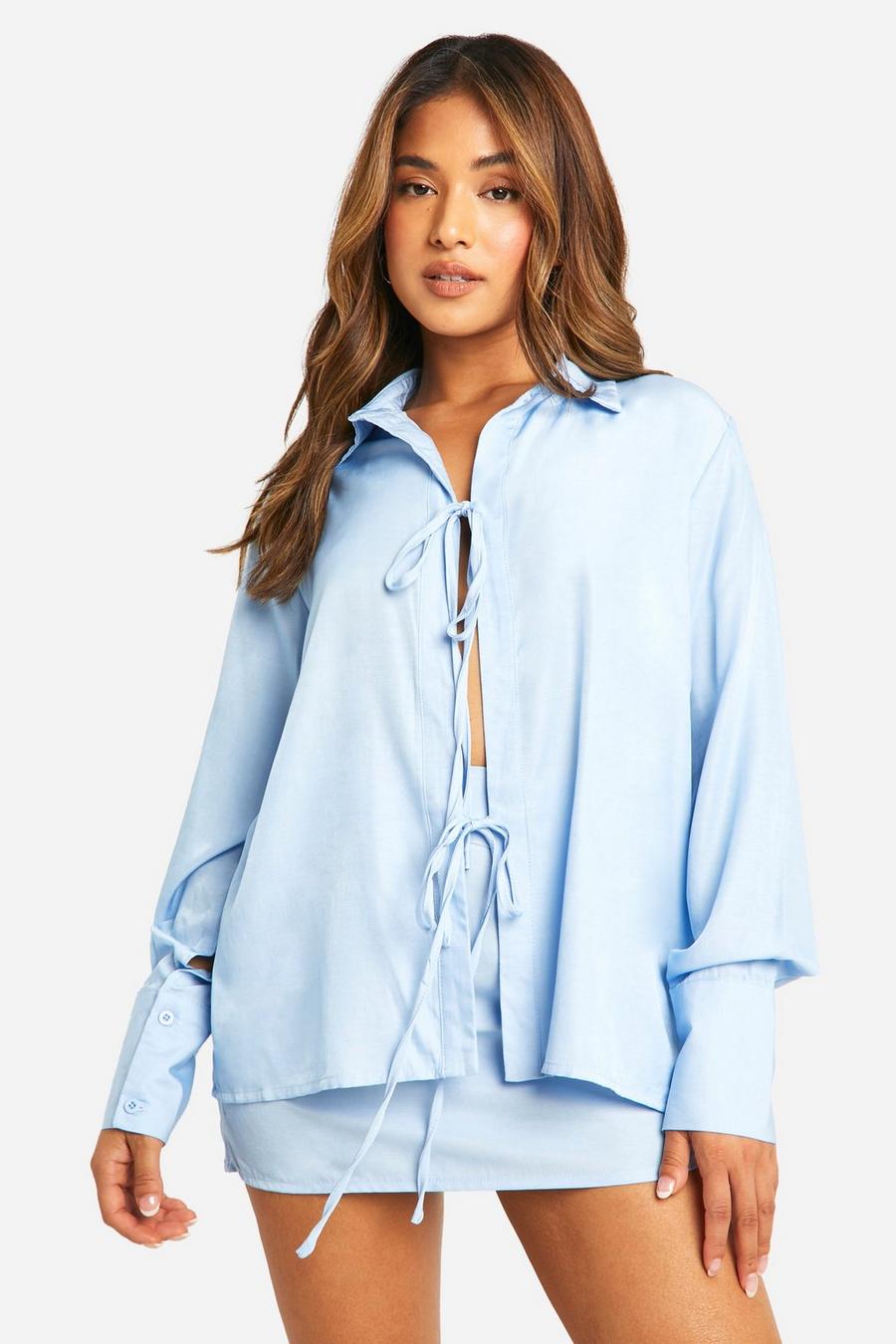 Blue Petite Chambray Tie Front Shirt image number 1