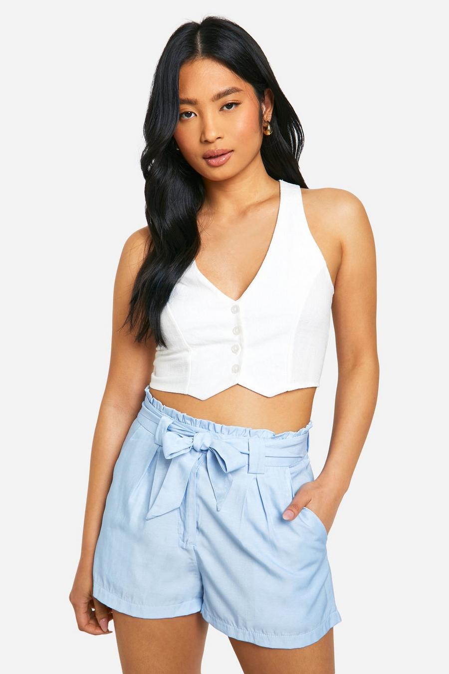 Blue Petite Chambray Paperbag Waist Shorts image number 1