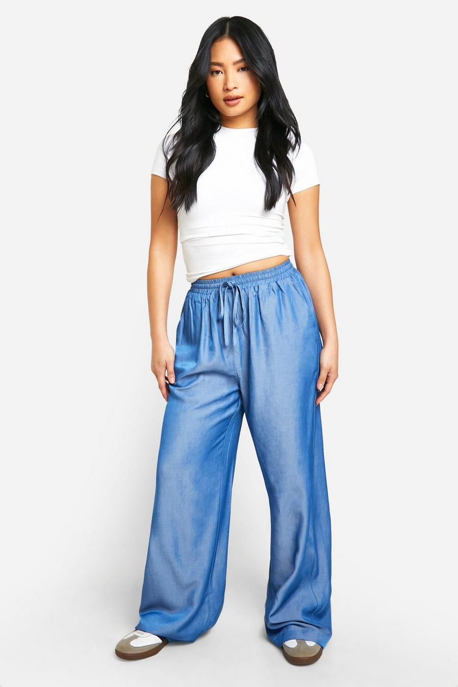 Blue Petite Chambray Tie Waist Wide Leg Trouser image number 1