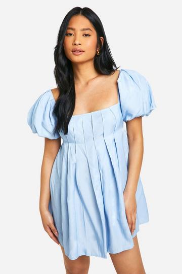 Petite Chambray Puff Sleeve Tie Back Mini Dress blue