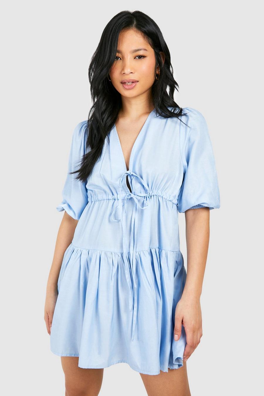 Blue Petite Chambray Tie Front Tiered Mini Dress image number 1