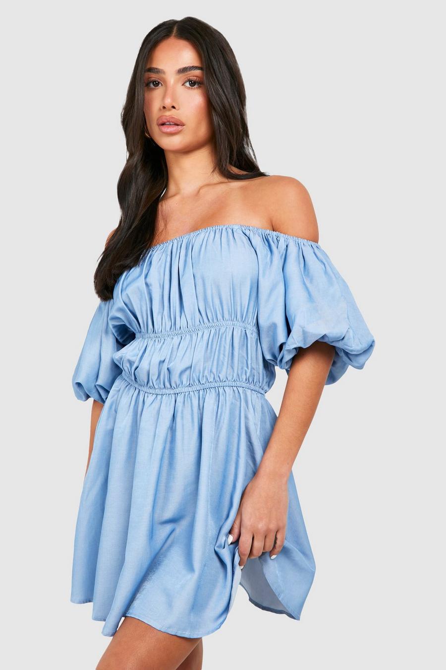 Blue Petite Chambray Off The Shoulder Balloon Sleeve Skater Dress image number 1