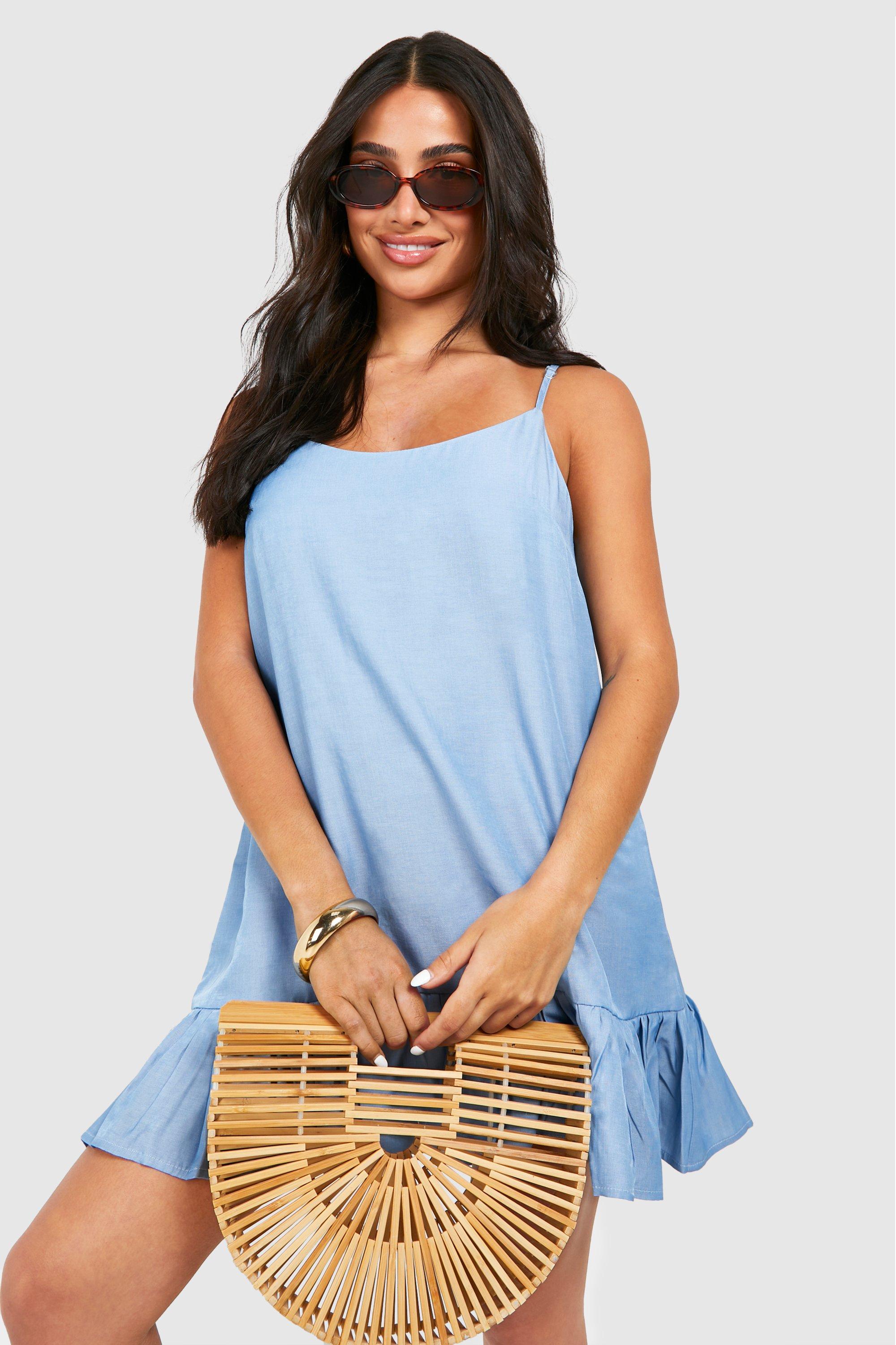 Petite Chambray Strappy Ruffle Hem Swing Dress boohoo DK