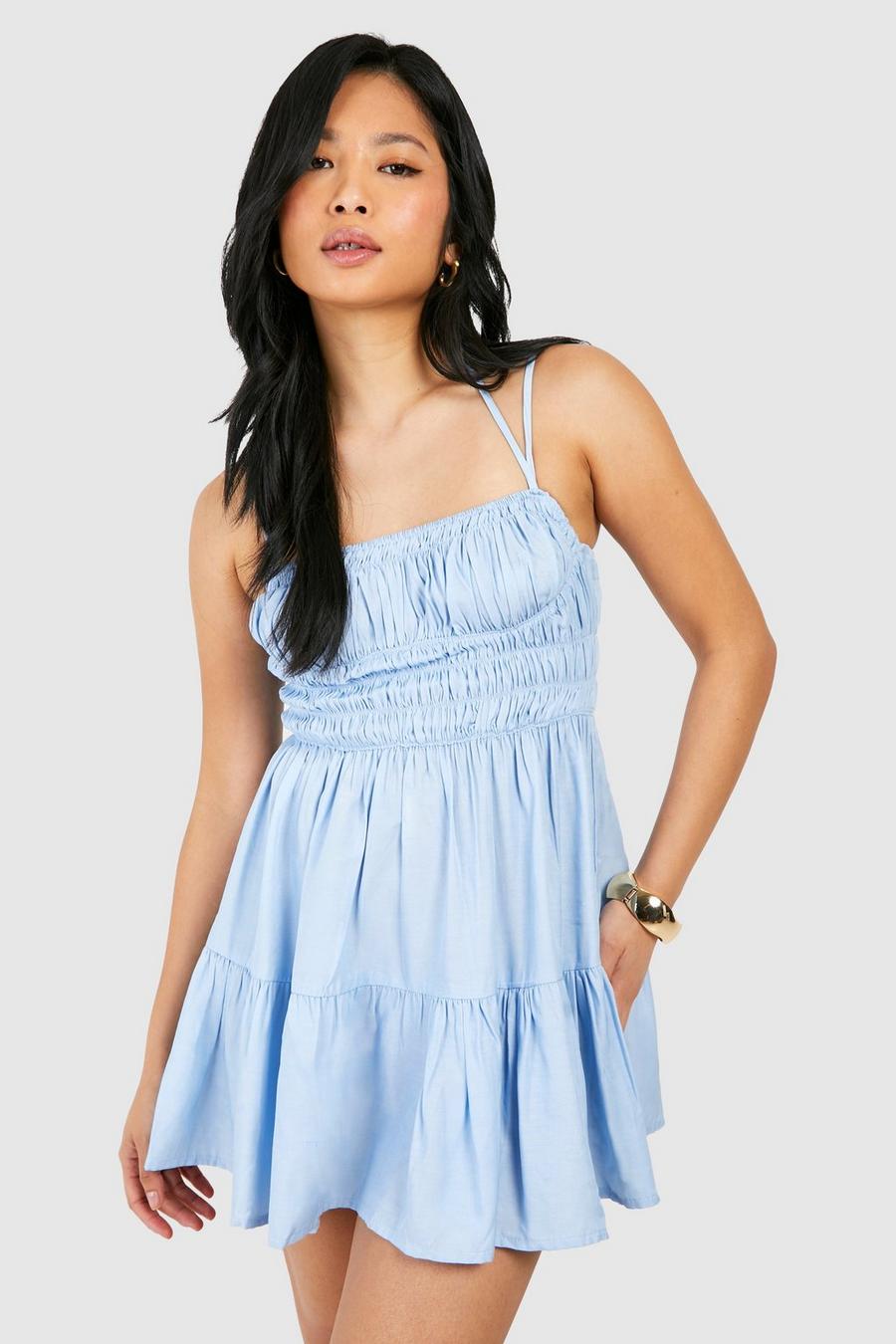 Blue Petite Chambray Strappy Shirred Mini Dress image number 1