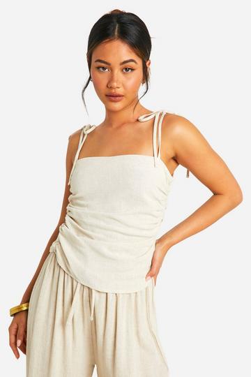 Linen Look Tie Shoulder Ruched Cami stone