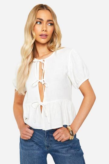 Linen Look Bow Puff Sleeve Top white