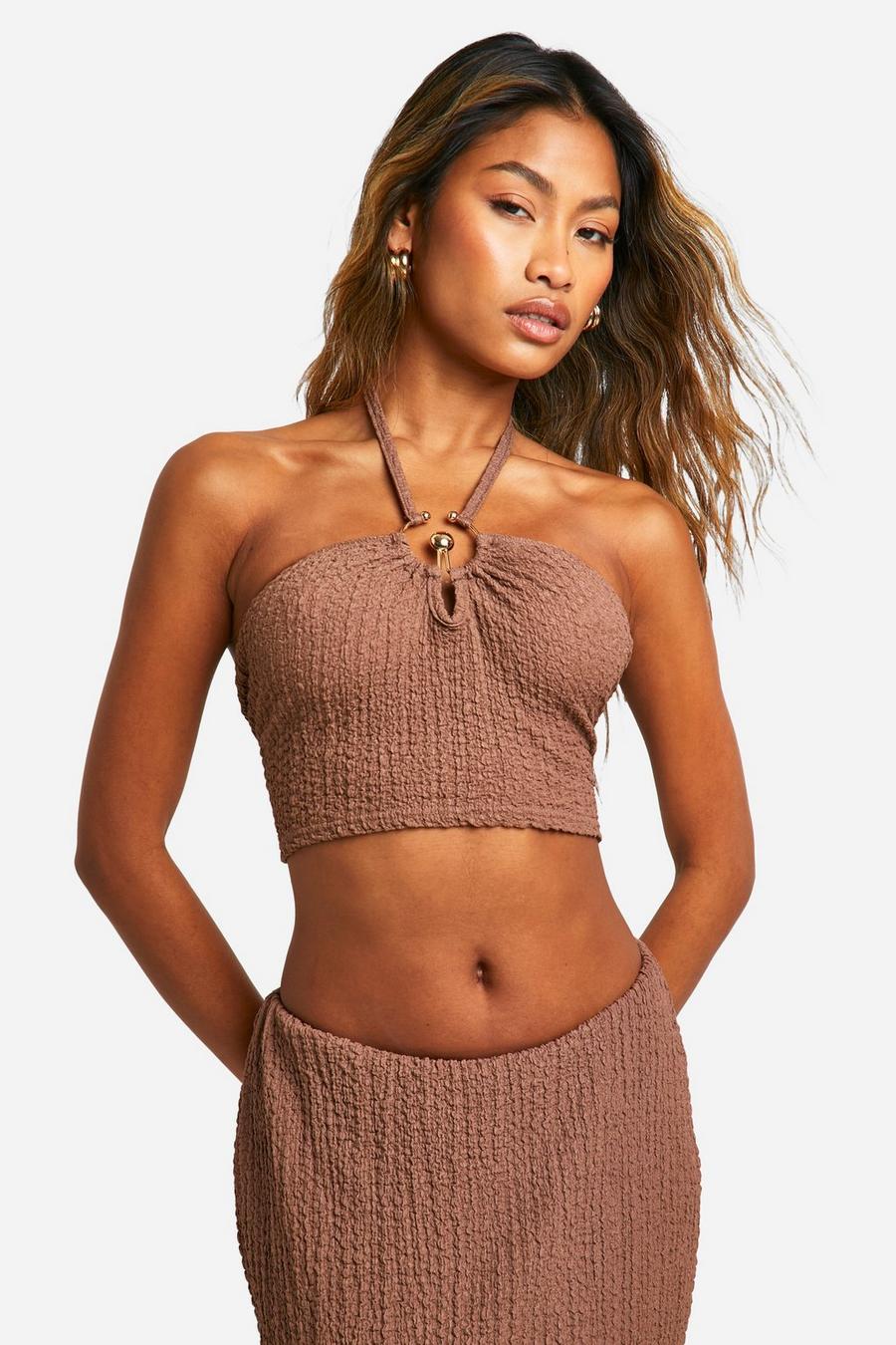 Taupe Crinkle Textured Ruffle Halter Cami 