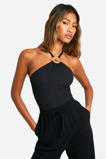 Textured Crinkle One Shoulder Ring Detail Bodysuit black