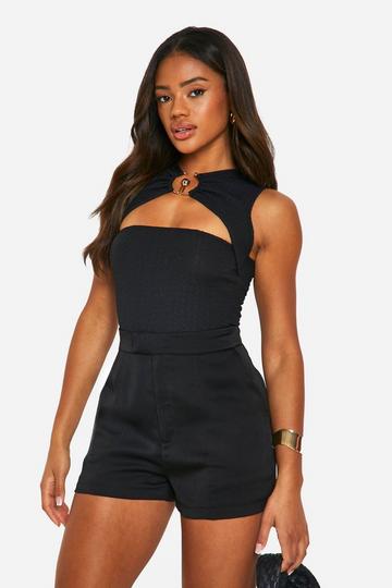 Textured Crinkle Ring Detail Sleeveless Bodysuit black