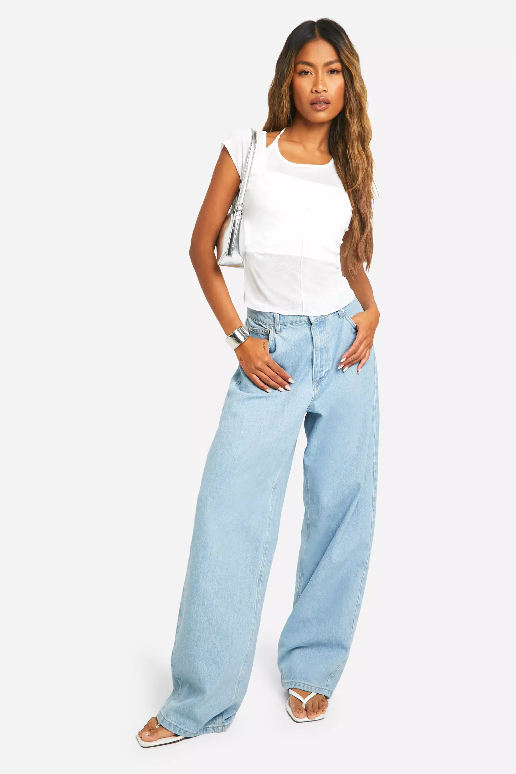 White 2 In 1 Cap Sleeve Seam Detail Top صورة بديلة