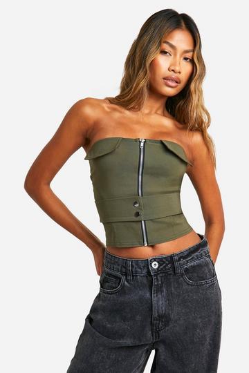 Bengaline Belted Zip Detail Bandeau Top khaki