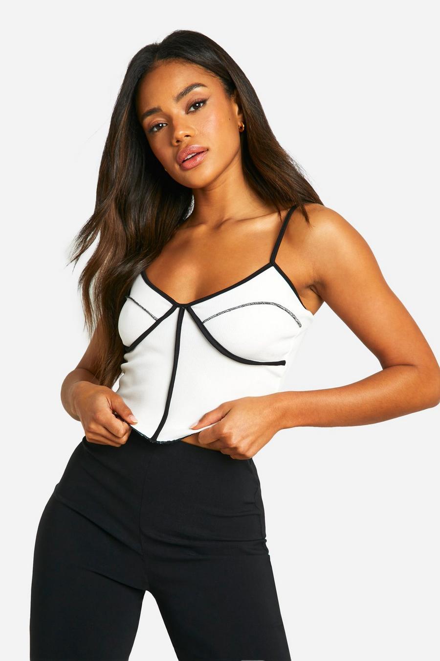 White Contrast Exposed Seam Rib Strappy Corset  image number 1