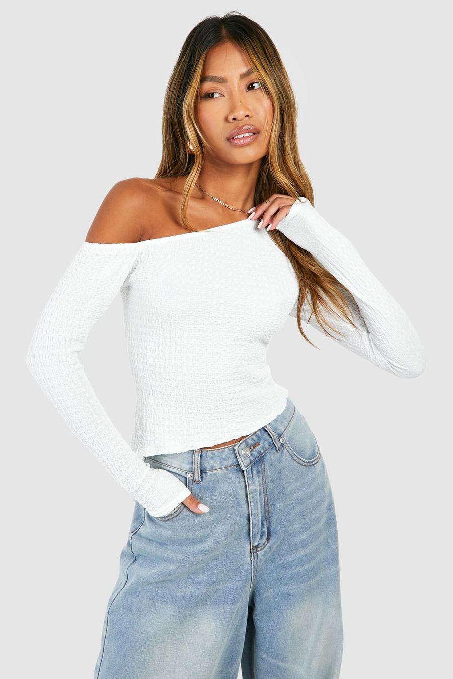 White Textured Boat Neck Asymmetric Top image number 1