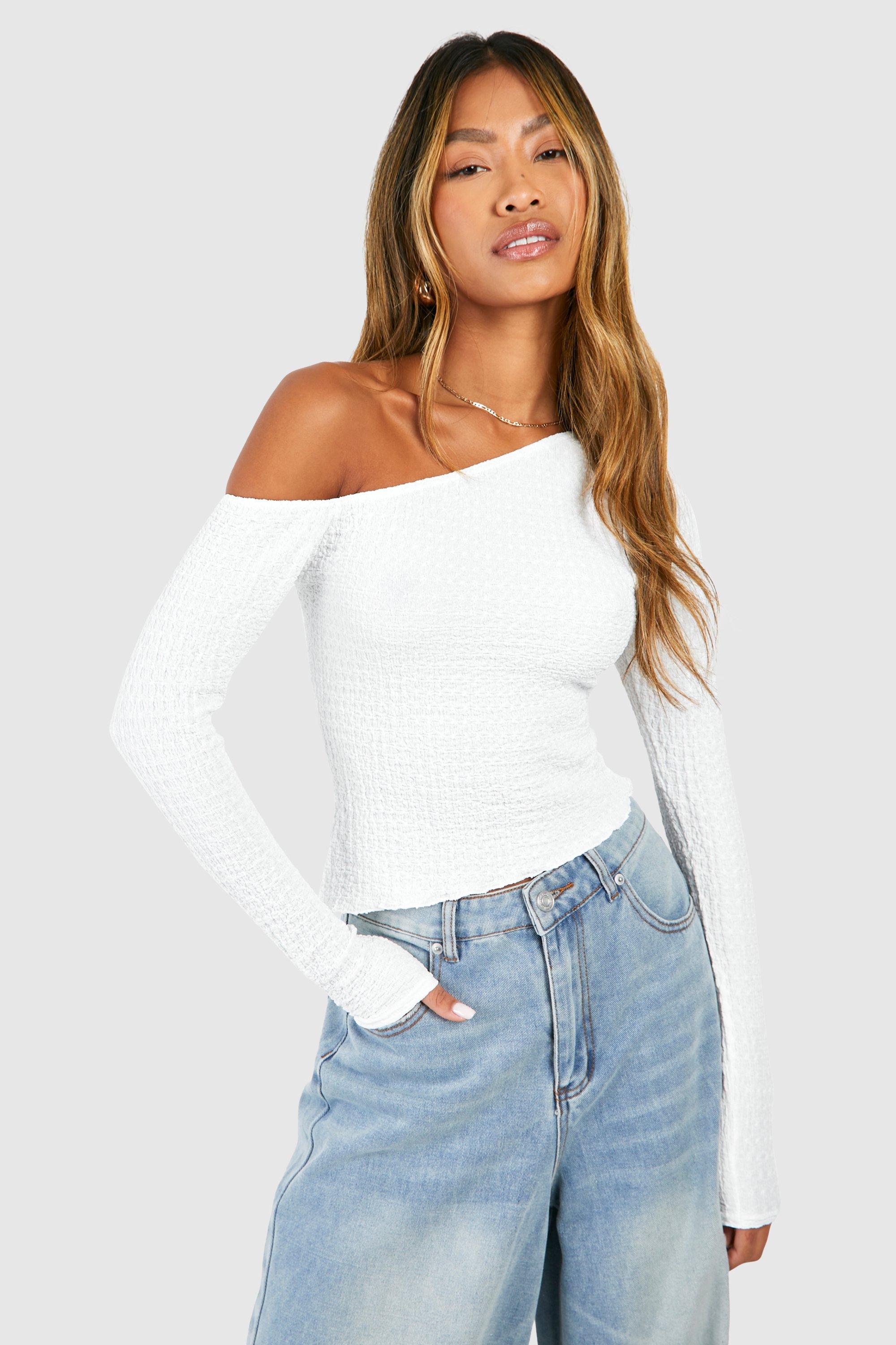 Textured Slash Neck Asymmetric Top