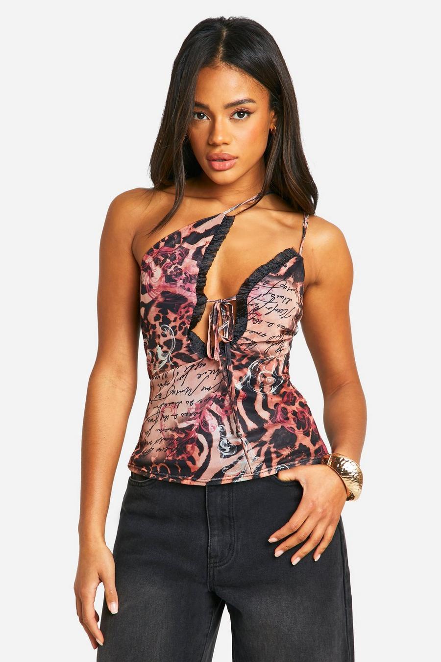 Black Mesh Cut Out Asymmetric Cami  image number 1