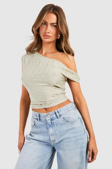 Ladder Knit Asymmetric Jean Grazer Top washed khaki