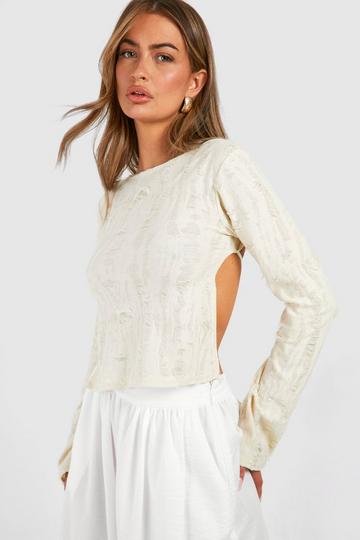 Cream White Ladder Knit Backless Long Sleeve Jean Grazer Top