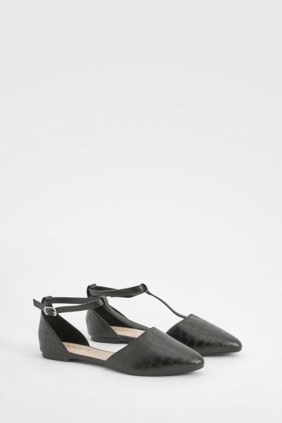 Zapatos planos con punta de pico y acabado de cocodrilo, Black croc image number 1