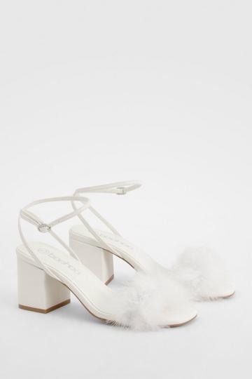 White Feather Strap Low Block Heel Two Parts