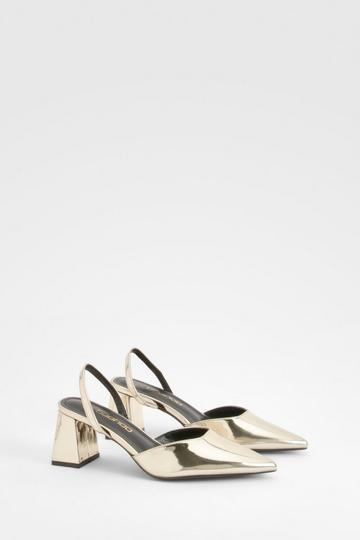 Gold Metallic Wide Fit Metallic Patent Block Heel Court Shoes