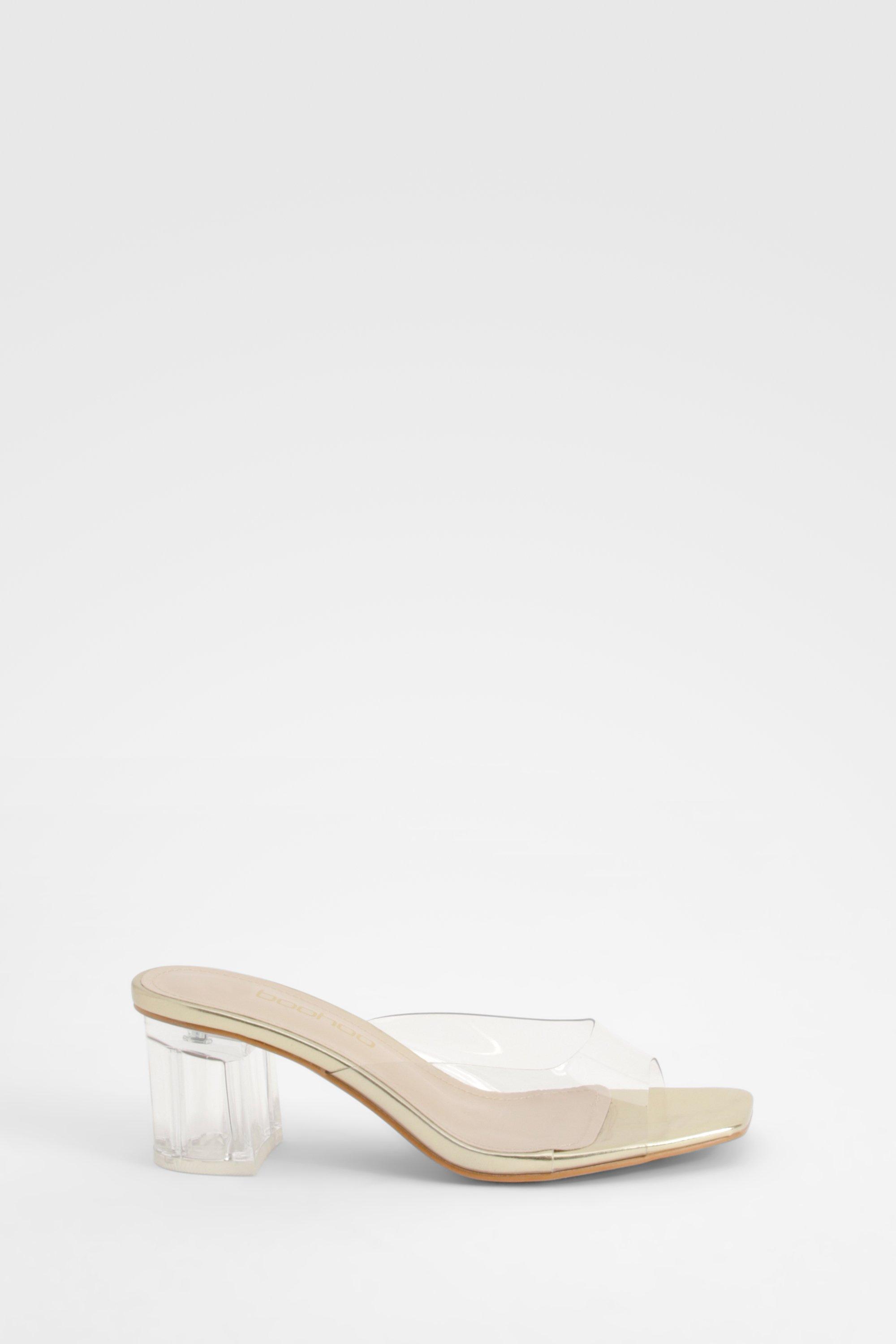 boohoo Clear Block Heeled Mules Gold Size 7