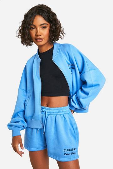 Tall Embroidered Bomber Zip Up Short Tracksuit blue