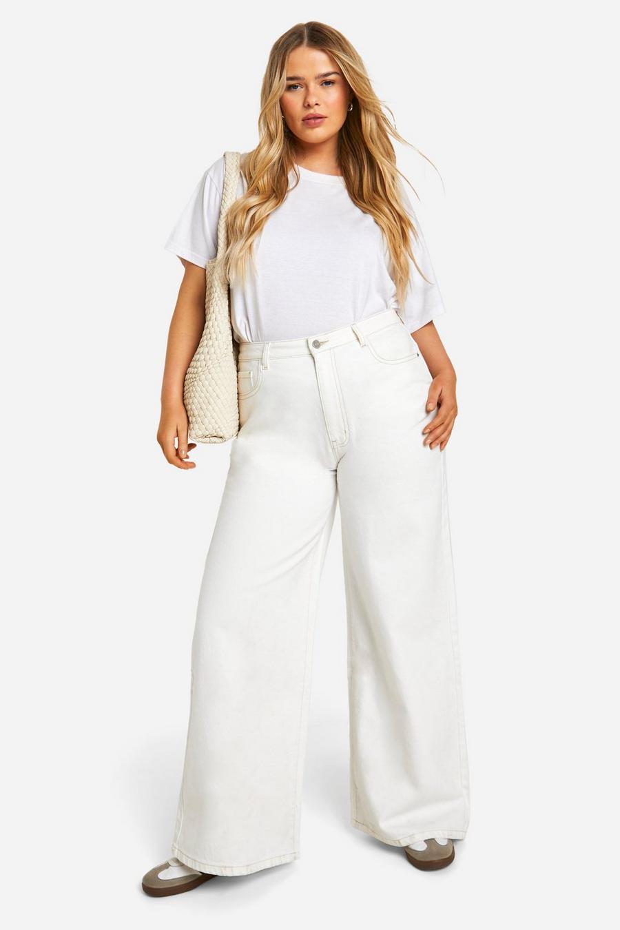 Plus Ecru High Waisted Wide Leg Jeans image number 1