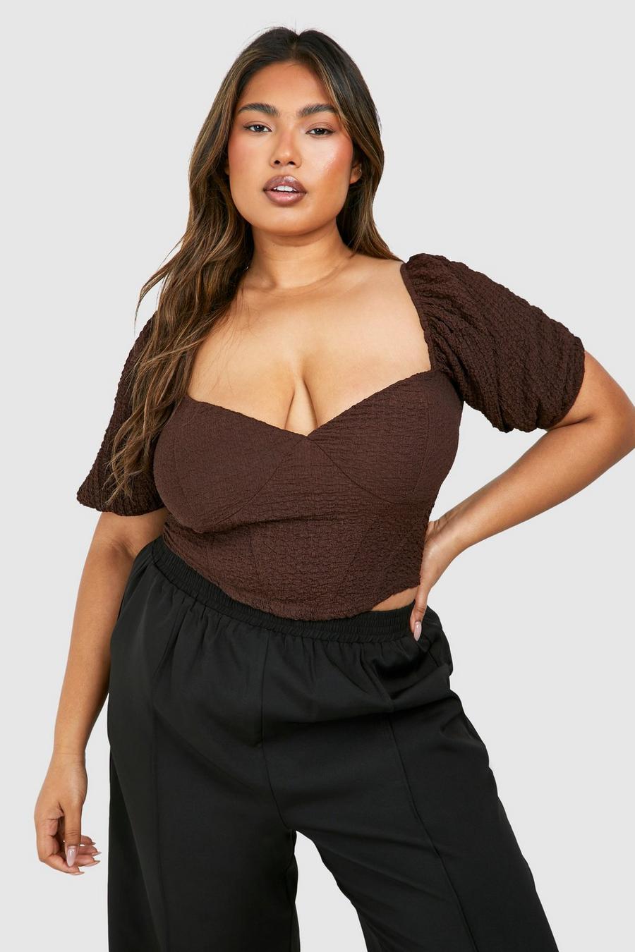 Chocolate Plus Textured Puff Sleeve Corset Top  image number 1