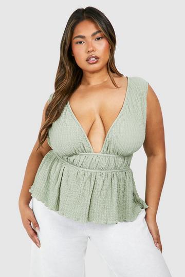 Sage Green Plus Textured Sleeveless Elasticated Peplum